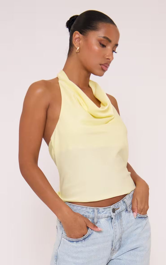 Sleeveless Cowl Neck Open Back Detail Top In Yellow