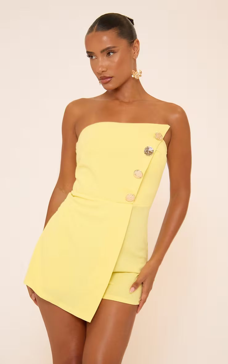 Ego - Asymmetric Bandeau Button Front Detail Playsuit In Yellow