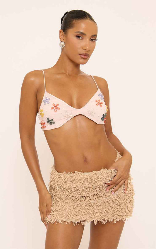 Ego - Strappy Flower Bead Detail Bralet Top In Pink