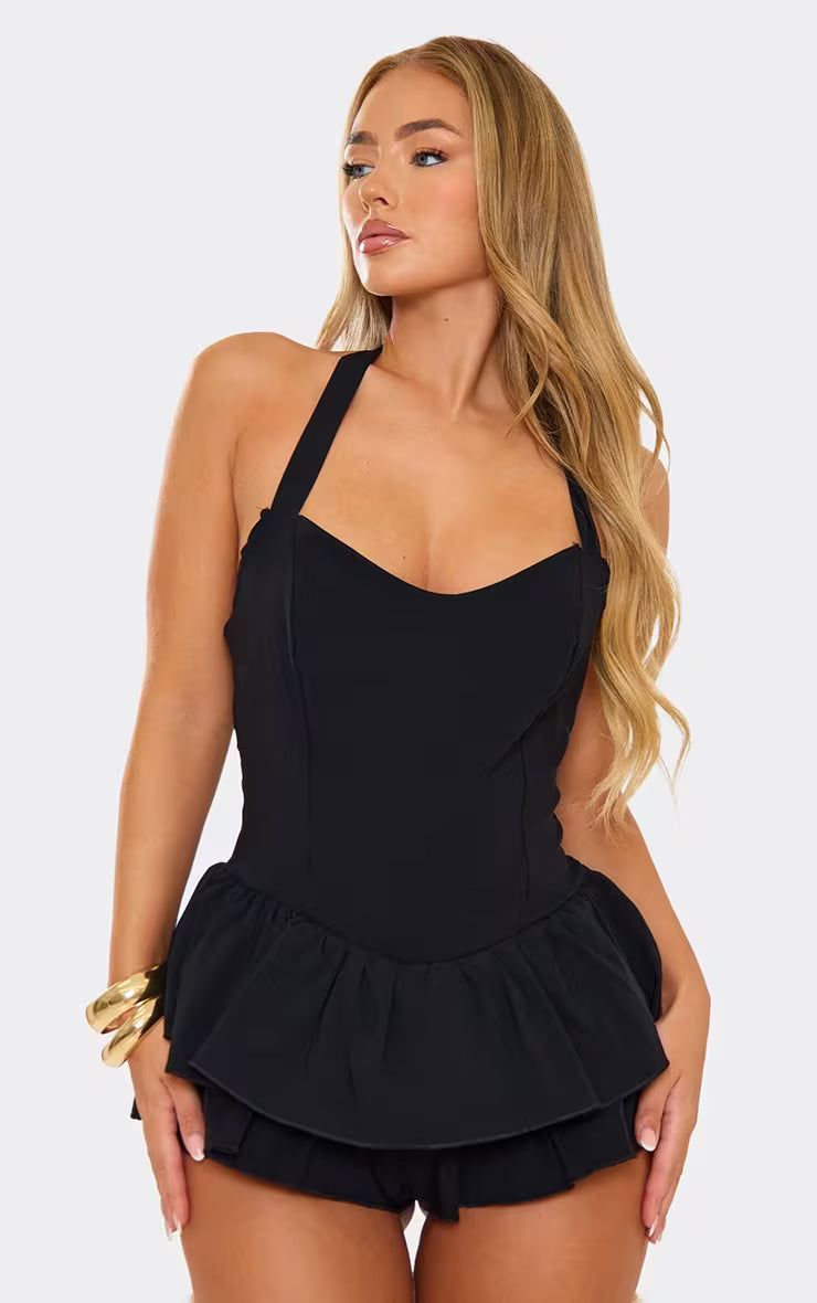 Ego - Halterneck Frill Hem Detail Playsuit In Black