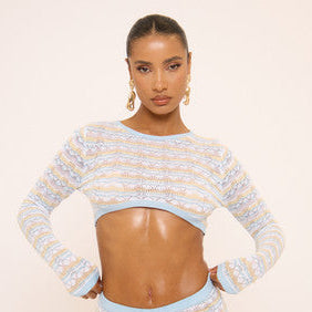 Ego -  Long Sleeve Super Crop Top In Muti Wave Print Knit
