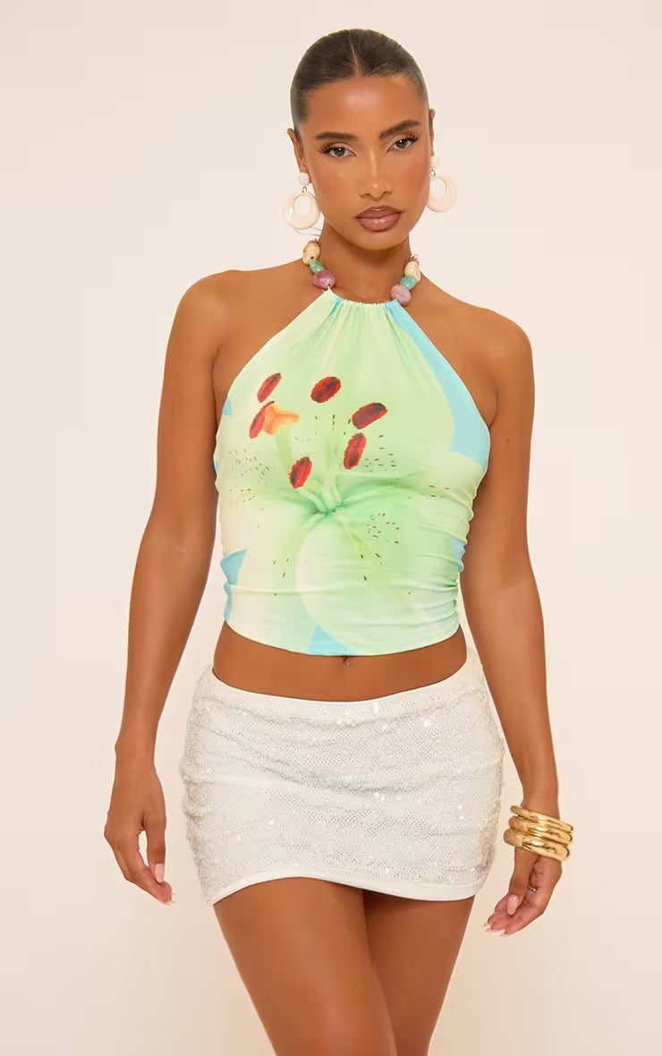 Ego - Halterneck Bead Trim Detail Top In Blue Floral Print