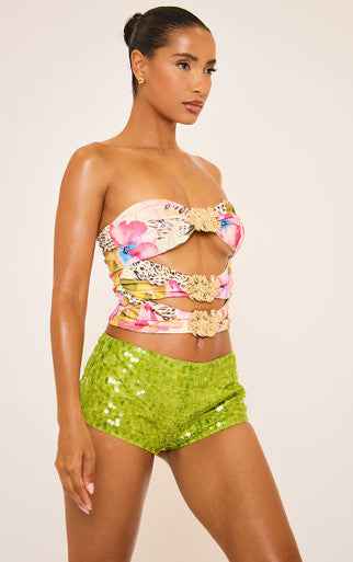 Ego - Bandeau Cut Out Trim Detail Top In Multi Hot Fix Print