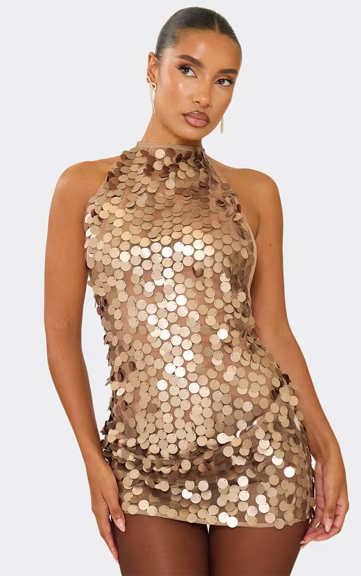 Ego - Halterneck Low Back Detail Mini Dress In Bronze Sequin