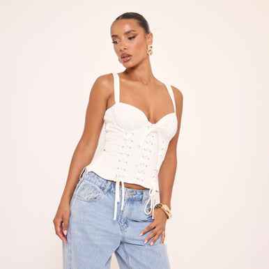 Ego - Sleeveless Lace Drape Detail Corset Top In White
