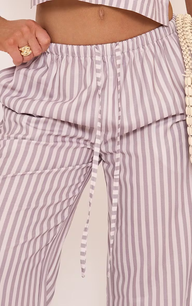 Ego - Mid Rise Tie Waist Detail Wide Leg Trousers In White And Taupe Stripe