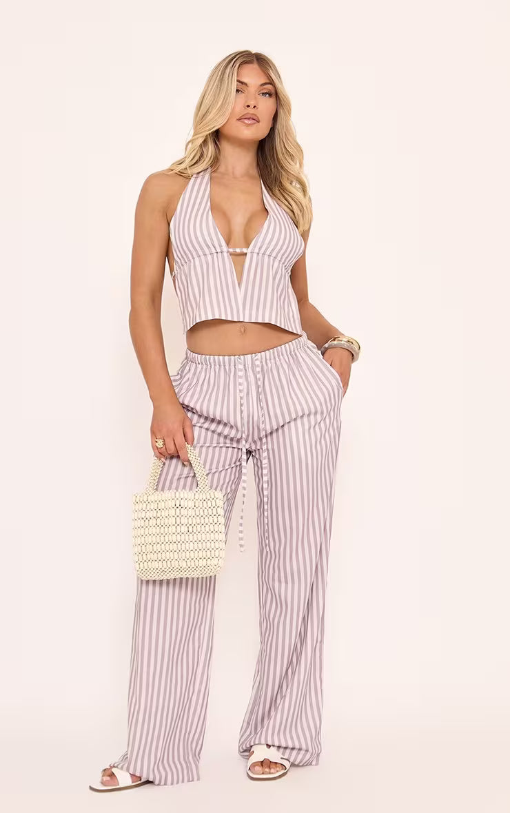 Ego - Mid Rise Tie Waist Detail Wide Leg Trousers In White And Taupe Stripe