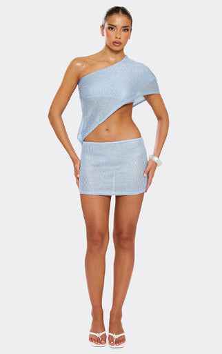 EGO - Off The Shoulder Cut Out Side Detail Mini Dress In Blue Glitter
