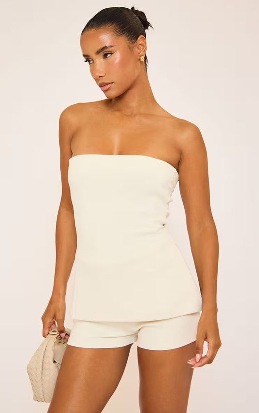 Ego - Bandeau Fitted Interlock Top & low rise hot pants In Cream SET