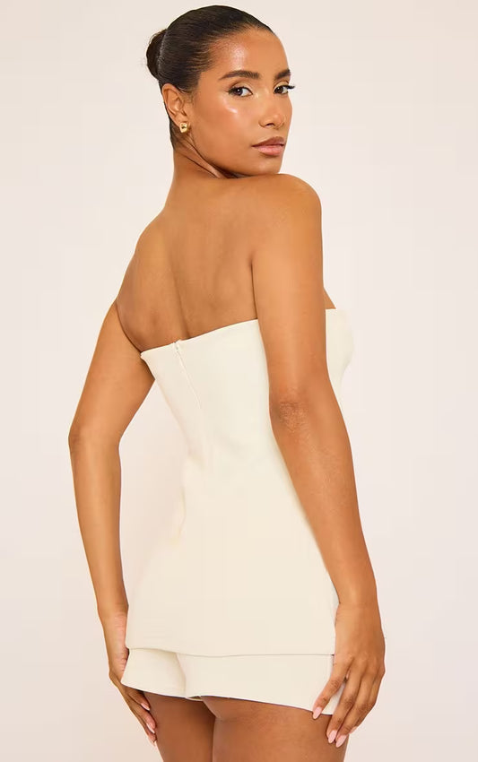 Ego - Bandeau Fitted Interlock Top & low rise hot pants In Cream SET