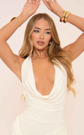 Ego - Cowl Halterneck Twisted Detail Side Split Maxi Dress In Cream