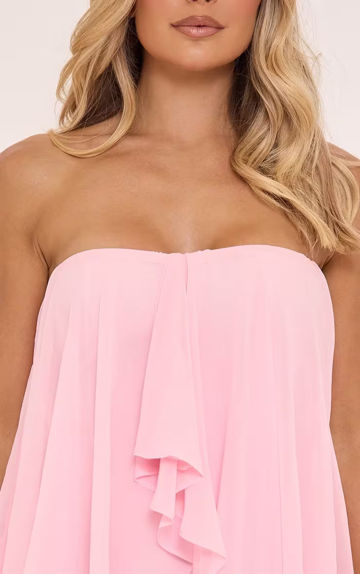 Ego - Bandeau Draped Frill Detail Floaty Mini Dress In Pink