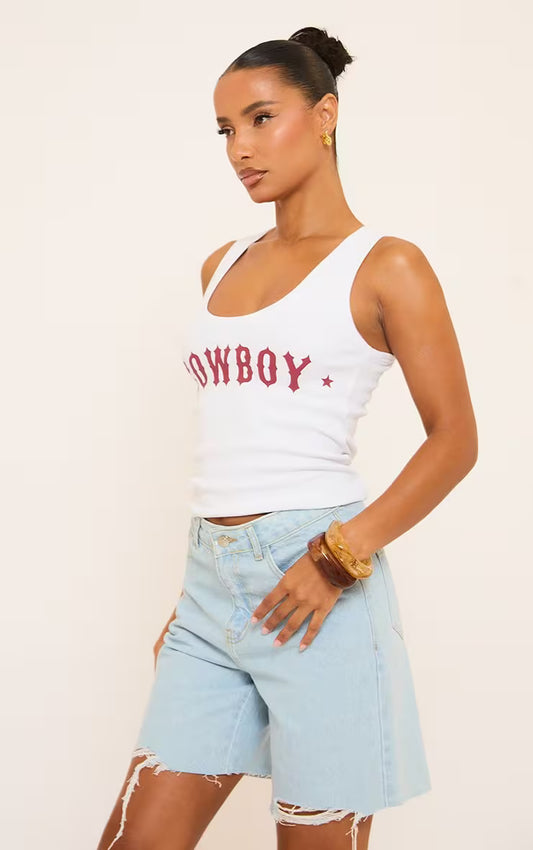 Ego - Scoop Neck Cowboy Detail Vest Top In White