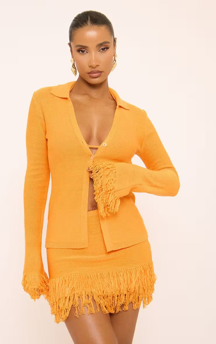 Long Sleeve Frayed Trim Button Front Cardigan In Orange Knit