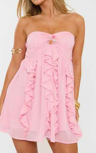 Ego - Bandeau Draped Frill Front Pearl Trim Mini Dress In Pink