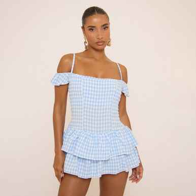 Ego - Bardot Cold Sholder Frill Playsuit In Blue