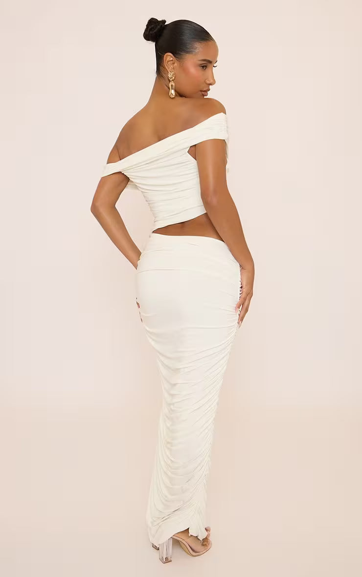 Bardot Asymmetric Ruched Cut Out Maxi Dress In White