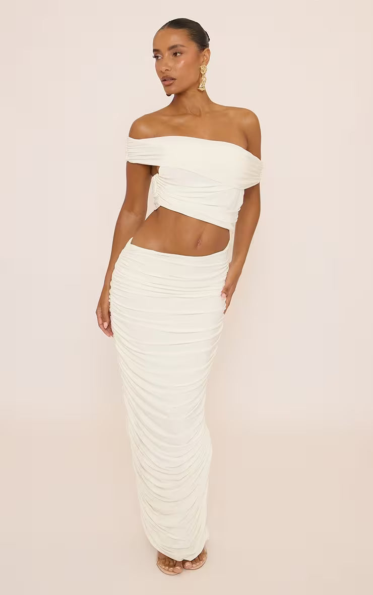 Bardot Asymmetric Ruched Cut Out Maxi Dress In White