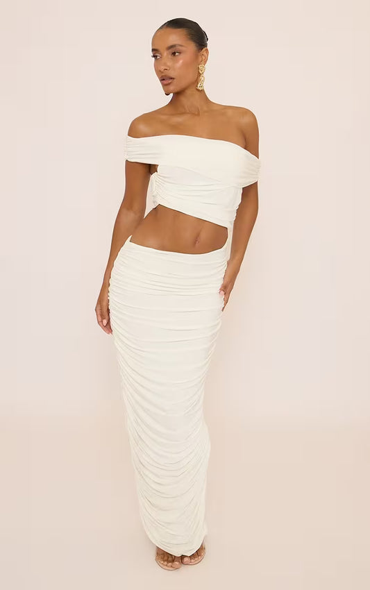 Bardot Asymmetric Ruched Cut Out Maxi Dress In White