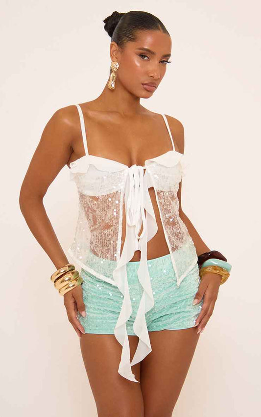 Ego - Strappy Tie Front Ruffle Detail Cami Top In White Sequin