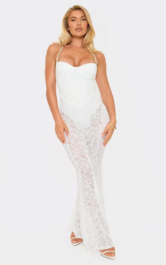Ego halterneck corset lace maxi dress in white