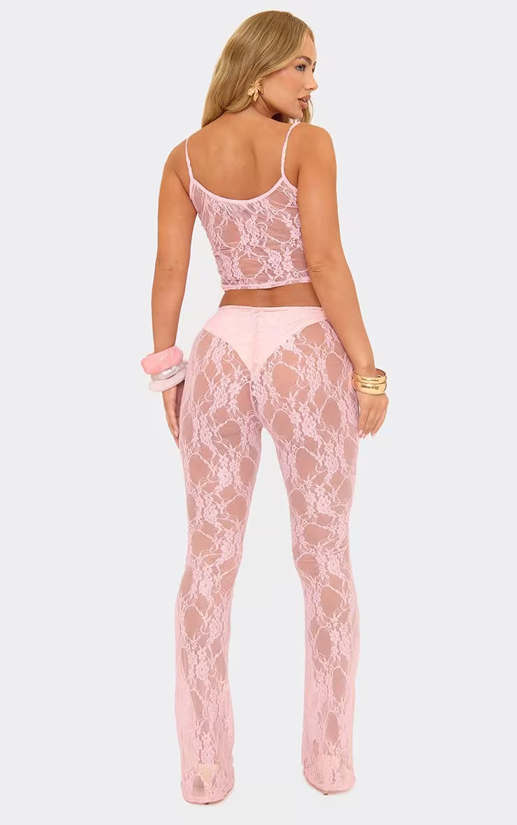 Ego - Low Rise Flared Detail Trousers and Top In Pink Lace SET