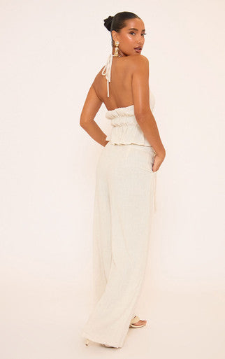 Ego - Mid Rise Tie Waist Detail Tailored Trousers In Stone Linen