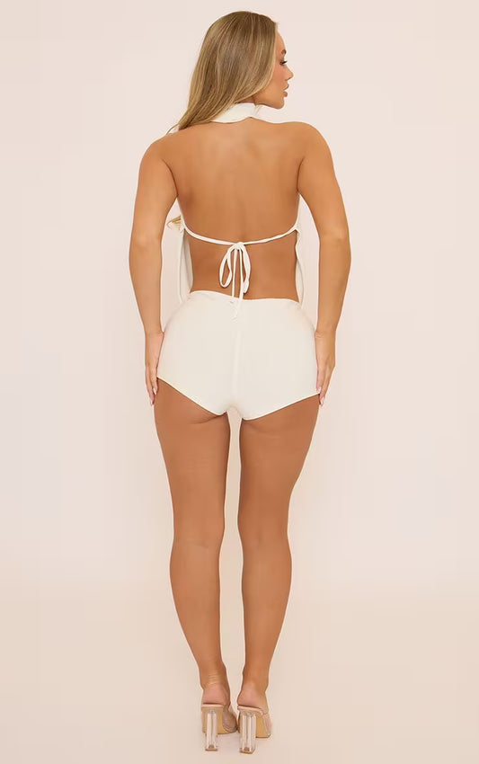 Ego - Cowl Halterneck Tie Back Detail Double Layered Top In White