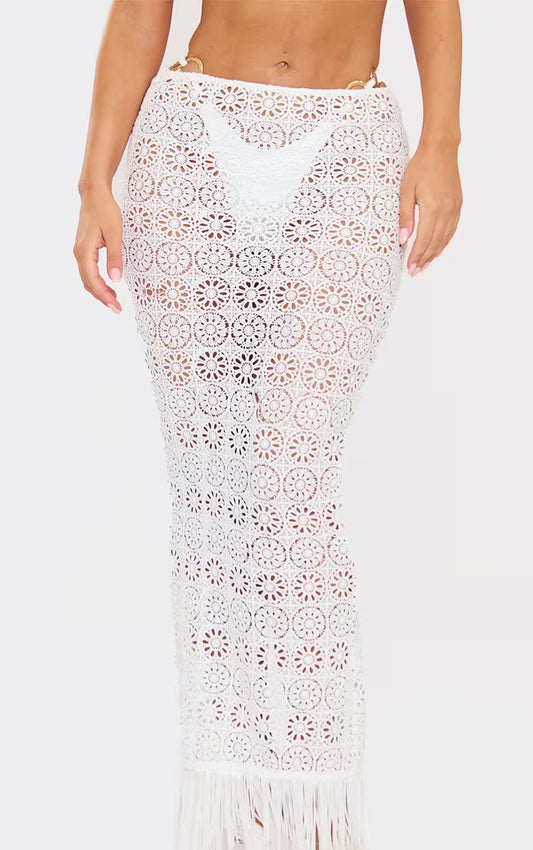 Ego - Mid Rise Tassel Trim Maxi Skirt In White Crochet