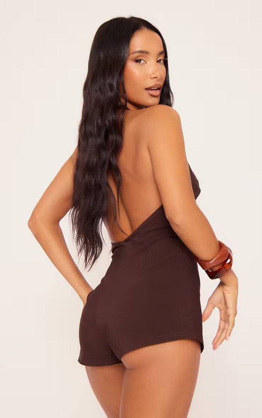 Ego - Plunge Bead Trim Detail Micro Playsuit In Brown