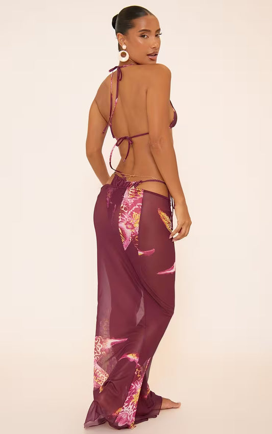Ego - Mid Rise Beach Maxi Skirt In Burgundy Large Orchid Print