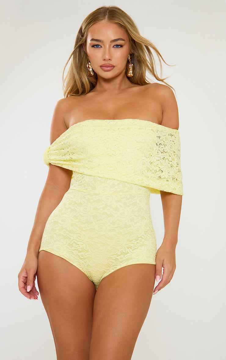Fold Over Bardot Knot Detail Micro Playsuit In Yellow Lace