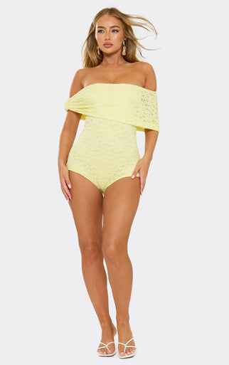 Fold Over Bardot Knot Detail Micro Playsuit In Yellow Lace