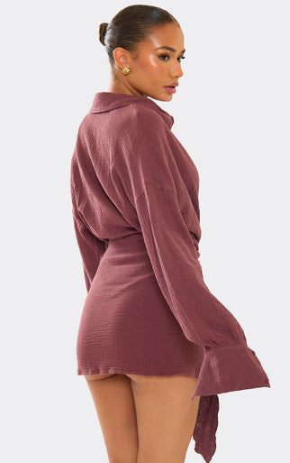 Ego - Long Sleeve Wrap Front Beach Dress In Brown