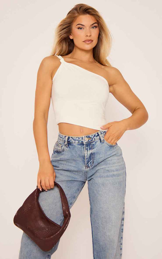 Ego - One Shoulder Knot Detail Top In White Slinky