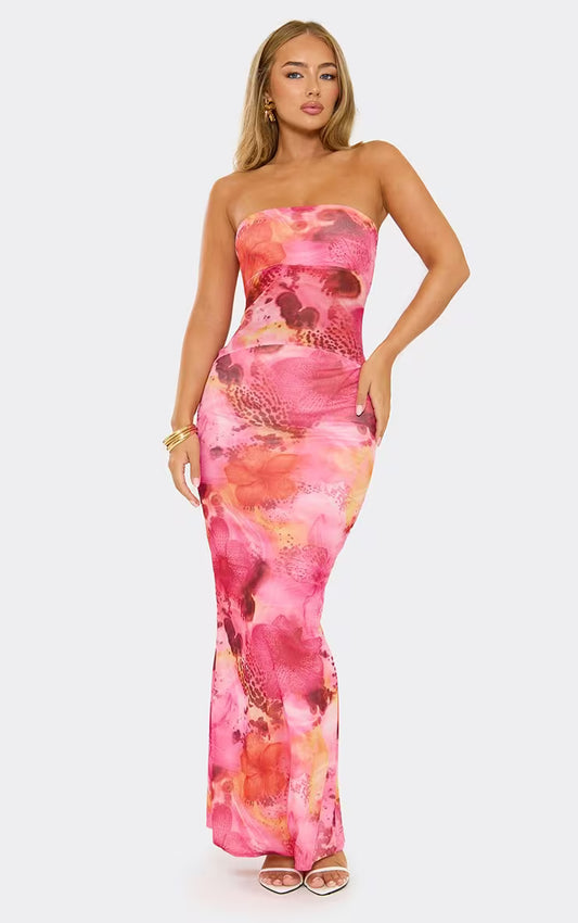 Bandeau Mesh Insert Maxi Dress In Pink Floral Print