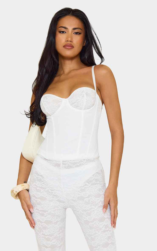 Ego - Strappy Lace Cup Detail Corset Top In White Satin