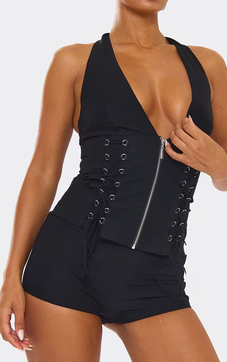 Ego - Plunge Halterneck Lace Up Zip Front Detail Top In Black