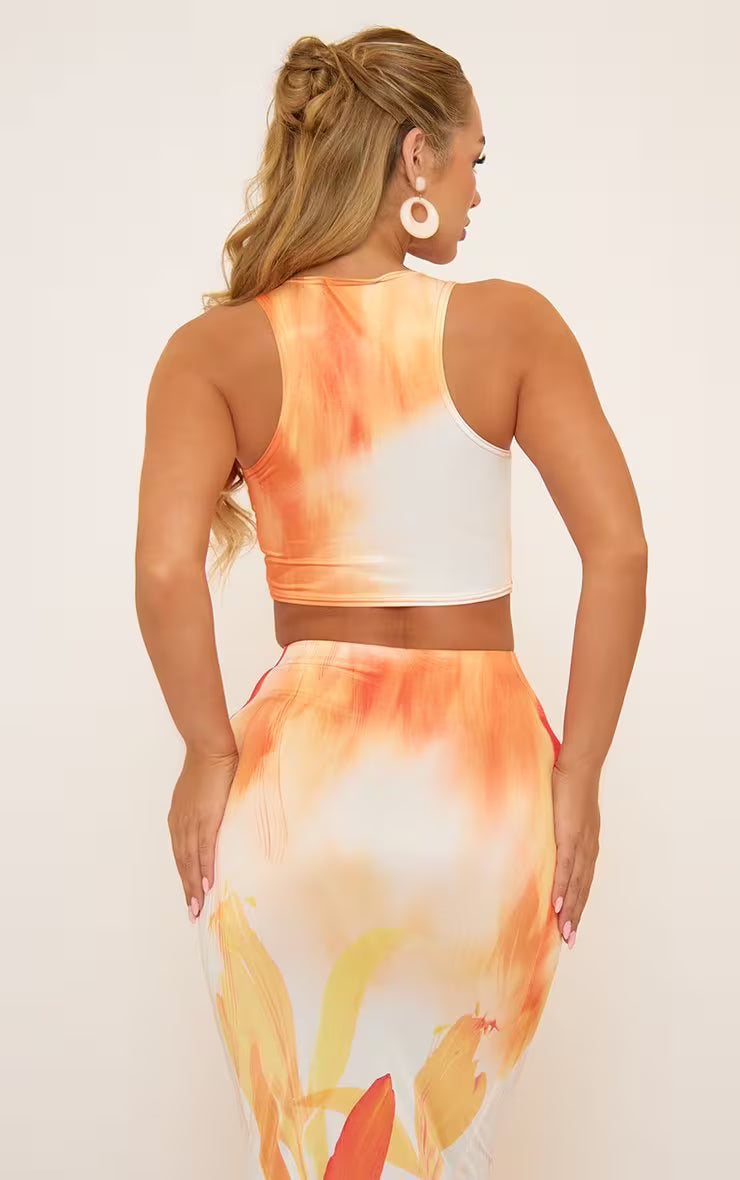 Ego - Mid Waist Maxi Skirt In Orange Floral Print