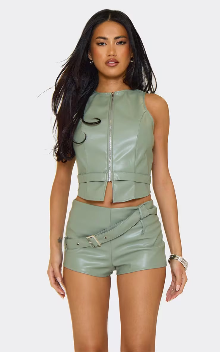 Ego - Sleeveless Zip Front Top In Sage Green Faux Leather