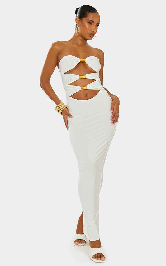 Ego - Bandeau Cut Out Gold Trim Detail Maxi Dress In White