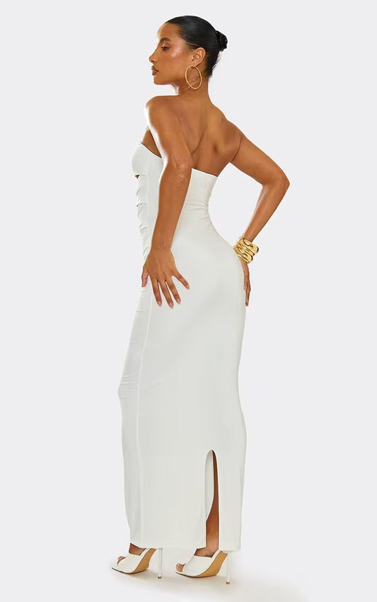 Ego - Bandeau Cut Out Gold Trim Detail Maxi Dress In White
