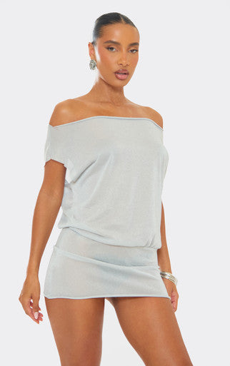Ego - off the shoulder drape fitted hem detail mini dress in grey glitter