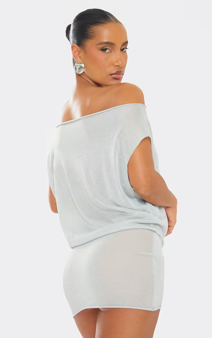 Ego - off the shoulder drape fitted hem detail mini dress in grey glitter