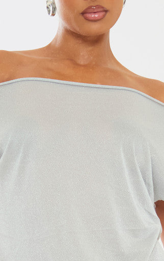 Ego - off the shoulder drape fitted hem detail mini dress in grey glitter