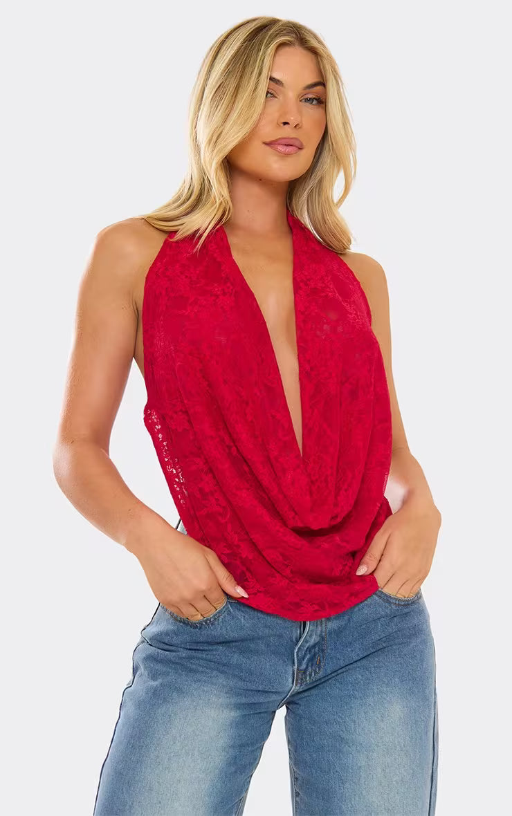 Ego - Extreme Cowl Neck Top In Red Lace