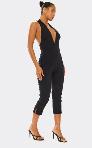 Ego - Collar Detail Plunge Capri Jumpsuit In Black