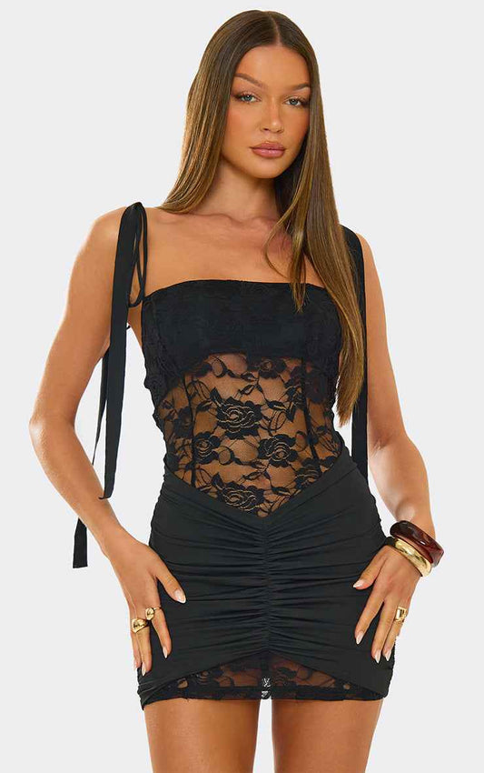 Ego - Tie shoulder ruched front detail mini dress in black