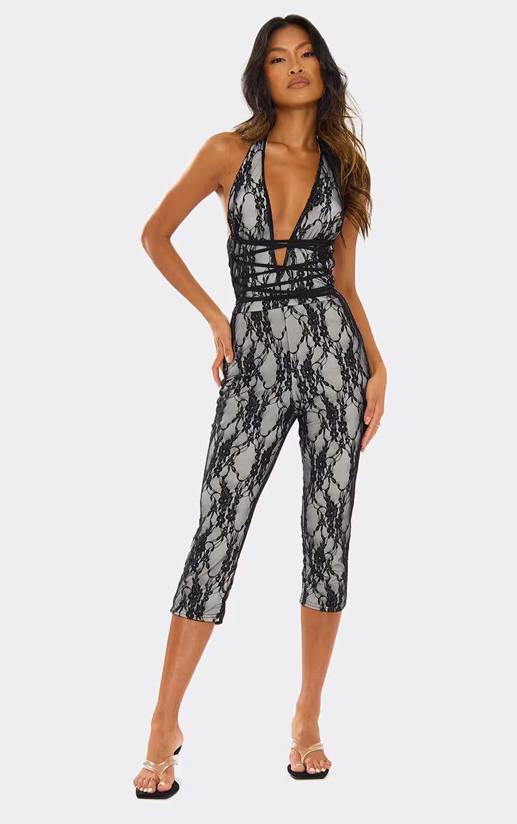 Ego - Halterneck Tie Detail Capri Jumpsuit In Black Lace