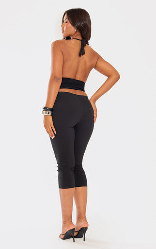 Ego - Plunge Halterneck Corset Waist Top In Black